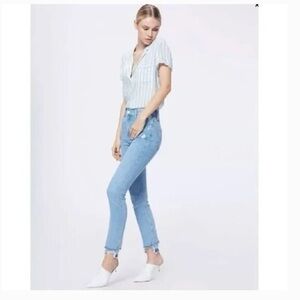 PAIGE | Sarah Slim Distressed Ankle Mako Light Wash Jeans Raw Hem Denim